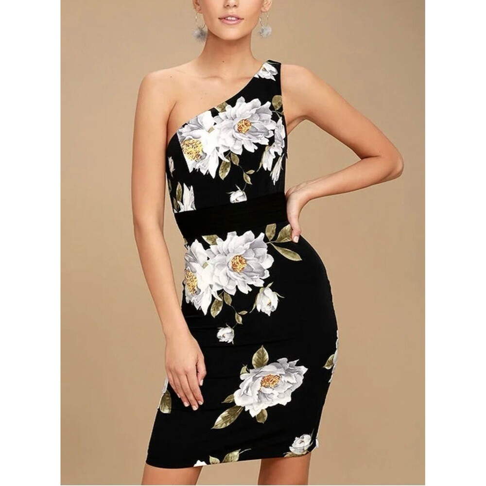 Lulus Save Me a Dance floral one shoulder black dress